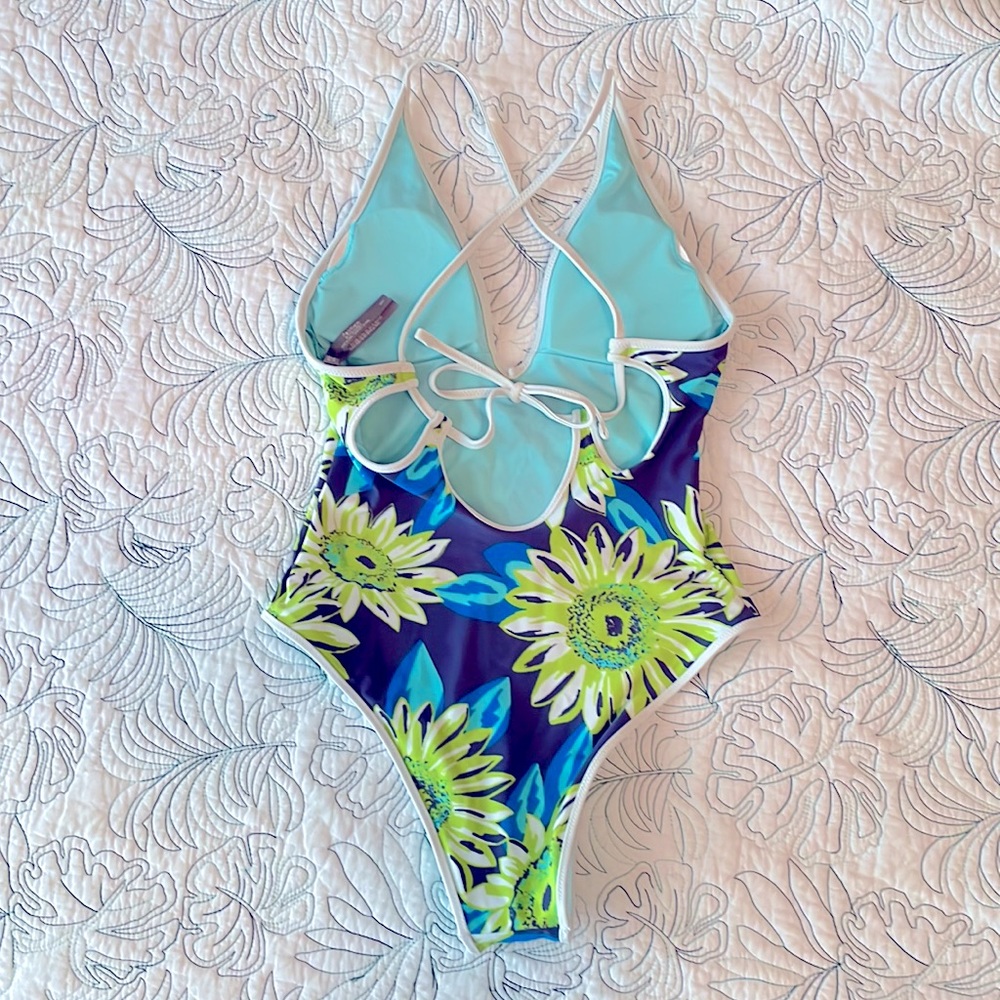 New Aerie Sunflower one piece cheeky swimsuit Small lime purple floral - Picture 4 of 5